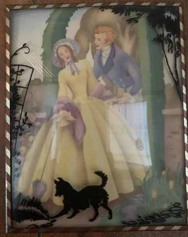 Vintage Reverse Painted Silhouette Man & Woman &  dog Convex Bubble Glass Cover