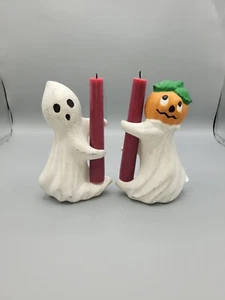 2 VINTAGE Halloween Pumpkin Head Ghost Ceramic Candle Holder Huggers 6” - Picture 1 of 7