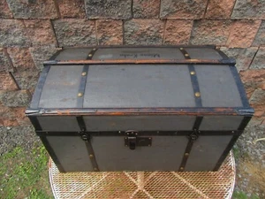 Antique Wood Curved Top Travel Steamer Trunk Chest St. Petersburg Russia Labels - Picture 1 of 24