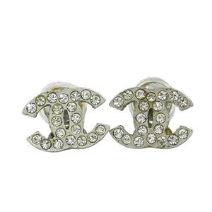 CHANEL CC Rhinestone Stud Earrings Silver-tone Metal - Picture 1 of 8
