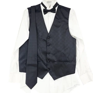 Ferrecci Uomo Mens Black Diamond Vest Tie Bowtie Set Size M 3716 - Picture 1 of 12