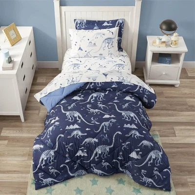 Conjunto de edredom queen dinossauro azul para meninos, 7 peças roupa de cama para quarto infantil com... - Imagem 1 de 4