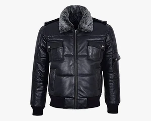 Men Bomber Leather Fur Collar Puff Hair on Collar Puffer Lambskin Jacket - Picture 1 of 5