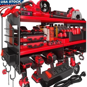 Heavy Duty Metal Power Tool Organizer Wall Mount 4-Outlet Power Strip & Shelf - Picture 1 of 45