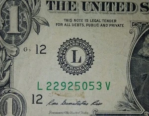 HIGH SUFFIX: V (L 22925053 V) 2009 $1 Dollar Bill Circulated - Picture 1 of 3