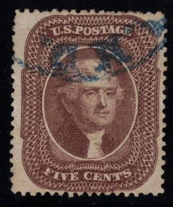 Sello de Estados Unidos Scott # 30A marrón 5 centavos Jefferson tipo II - usado - Imagen 1 de 2