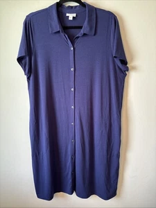 J. Jill Pima Cotton Size Large Polo Dress Short Sleeve Navy Blue Preppy Button - Picture 1 of 7
