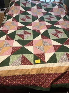 Patchwork Quilt Top Only 94” x 80” Green Burgundy Gold Nice - Picture 1 of 9