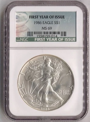 1986 Silver American Eagle $1 NGC MS69 - Image 1 of 2