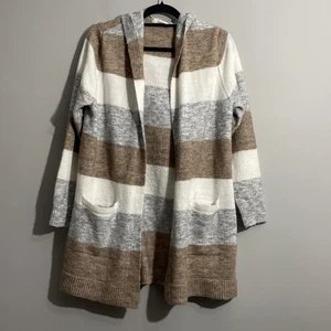 Peyton Primrose Striped Hoodie Sweater Cozy Knit Cardigan, Size Large Brown - Picture 1 of 11