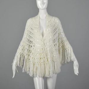 OSFM 1970s White Open Crochet Shawl Wrap Fringe Trim Bohemian Boho Hippie 70s - Picture 1 of 8