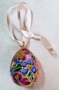 Vintage Christmas Ornament Cloisonne Egg Gold Enamel Flower Red Blue Purple 1.5" - Picture 1 of 3