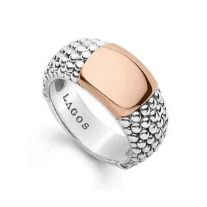 New LAGOS HIGH BAR 18K Rose Gold 925 Sterling Silver STATION Caviar Ring Size 6 - Picture 1 of 7