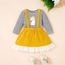 Kids Baby Toddler Girls Lace Strap Dress Striped Tops+ Blouse Skirts Crew Neck 