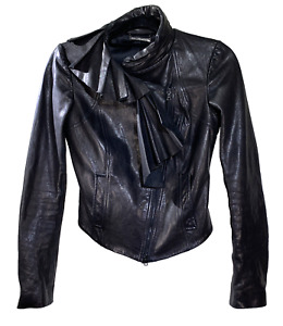 Diane Von Furstenberg DVF Flambé Black Leather Ruffle Zip Jacket Size 0