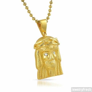 Gold Simple Iced Eyes Micro Jesus Piece Pendant Chain - Picture 1 of 4