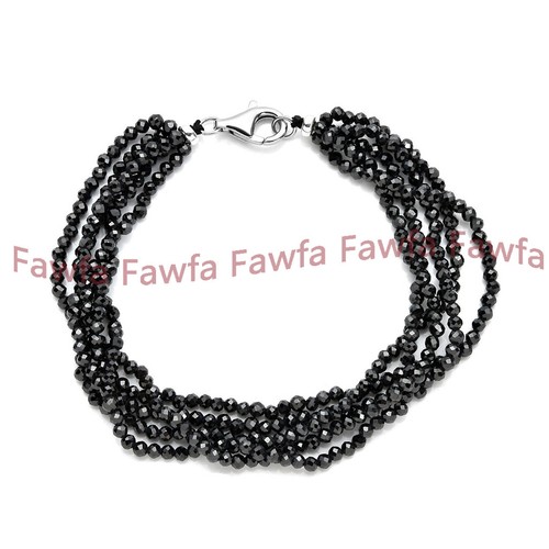 VALENTINO Bracciale 5 Fili Naturale 4mm Sfaccettato Agata Nera Pietra Preziosa Tonda Perline 7 5"
