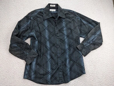 Eighty Eight Men M Gray Blue Stripe Embroider Button Shirt Spread - Image 1 of 4