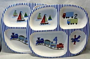 Pottery Barn Kids geteilt Melamin 9,5" Teller 2er Set Zug LKW Flugzeug Boote - Bild 1 von 6
