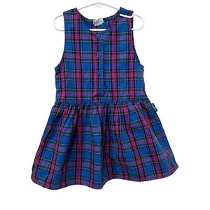 VINTAGE OSH KOSH Tartan Plaid Blue Pink dress 5 Blue Buttons USA Made - Picture 1 of 10