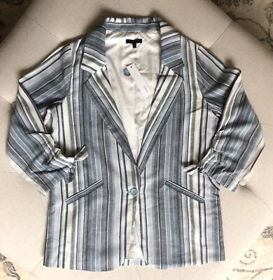 *NUEVO CON ETIQUETAS* BLAZER MUJER ANTHROPOLOGIE DRAW LINO RAYAS AZULES TALLA S $19,99 VENTA AL POR MENOR $276 Foto 1 de 4