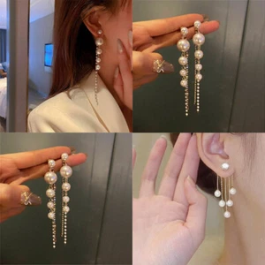 Crystal Earrings Dangle Women Sliver Jewelry Gift Long Tassel Fashion Pearl - Picture 1 of 13