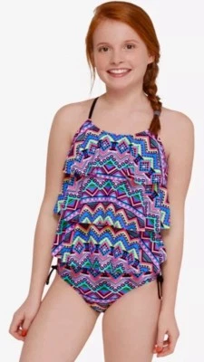 Macacão de banho Justice Girl's arco-íris neon asteca em camadas Tankini tamanho 6 novo com etiquetas - Imagem 1 de 2