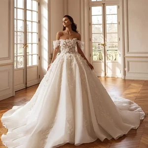 Ball Gown Wedding Dresses 3D Flowers Appliques Chapel Train Princess Bridal - Imagen 1 de 9