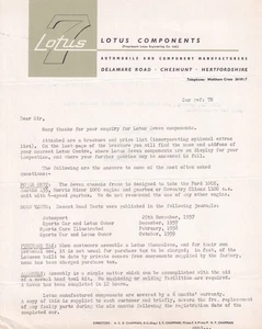 LOTUS 7, LOTUS COMPONENTS HEADED TYPED LETTER. - Picture 1 of 2