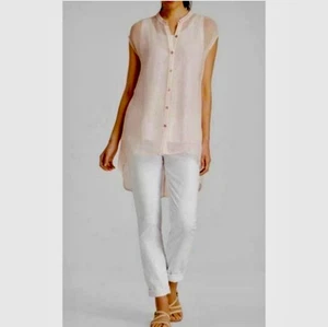 EILEEN FISHER Pink Organic Linen High Low Long Sheer Tunic Button-Up Top XL - Picture 1 of 11