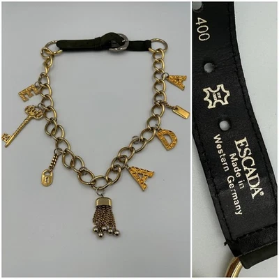 Vintage 1990s ESCADA Green Leather Gold-Tone Charm Belt 38" Full Length - Image 1 of 4