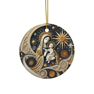 Heilige Familie gesteppt Keramik Ornament, Krippe Weihnachtsdeko mit Sternen - Bild 1 von 4