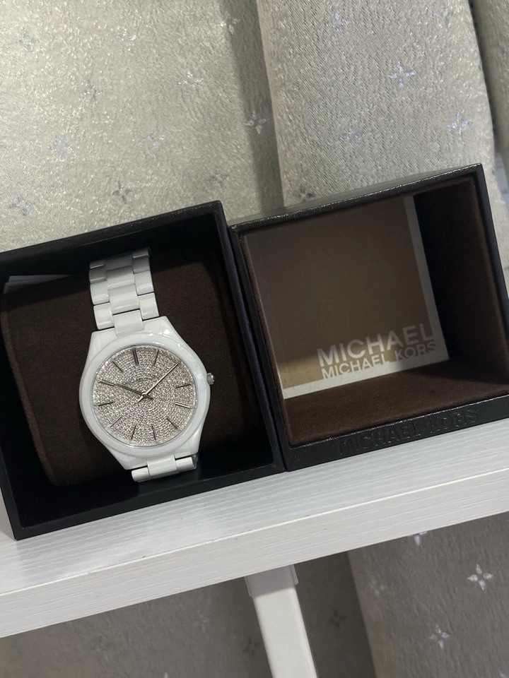 Nuevo con caja: Michael Kors MK3448 reloj de pasarela delgado para mujer, correa de cerámica blanca Foto 1 de 4