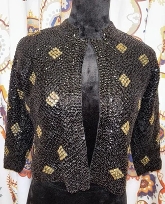 Chaqueta Cárdigan De Colección Años 60 Creations By Harilela’s Negro Dorado Lentejuelas Cuentas Lana Foto 1 de 4