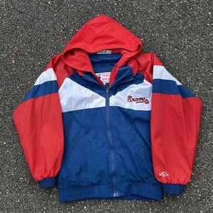 Vintage Atlanta Braves MLB Jacket 90s Hooded Windbreaker Type Zip Youth L 16-18 - Picture 1 of 8