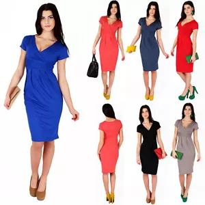 Classic & Elegant Women's Dress V-Neck Cocktail Jersey Office Size 8-18 5900 - Picture 1 of 16