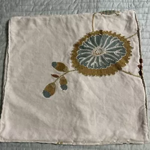 Handmade Embroidery Burnt Orange Green &Cream Floral Pillow Cover Linen 17x17 - Picture 1 of 13