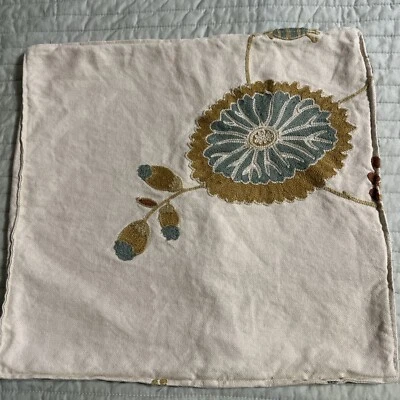 Handmade Embroidery Burnt Orange Green &Cream Floral Pillow Cover Linen 17x17 - Image 1 of 4