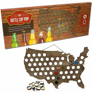 Wood Beer Bottle Cap Map of USA Teak Finish Collection Cave Wall Decoration Gift - Picture 1 of 4