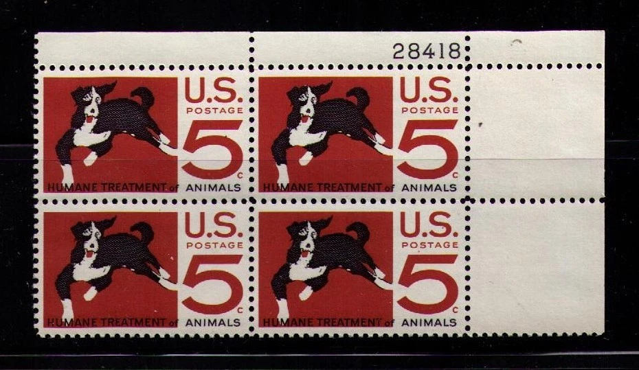 US USA Sc# 1307 MNH FVF Pl# Block Humane Treatment of Animals Dog Pet - Image 1 of 1