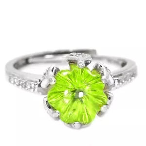 925STERLING SILVER RING NATURAL GREE PERIDOT FLOWER CARVING & WHITE CZ FREE SIZE - Picture 1 of 8