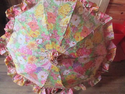 Vintage RUFFLED Multi-Colored FLOWERS w/WOODEN HANDLE  Rain UMBRELLA - 1970's - Image 1 of 4