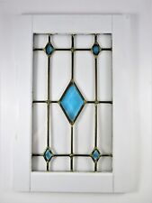 Salvaged Stained Glass Cupboard Door Beveled Blue Center Brass Leading Vtg 1970s