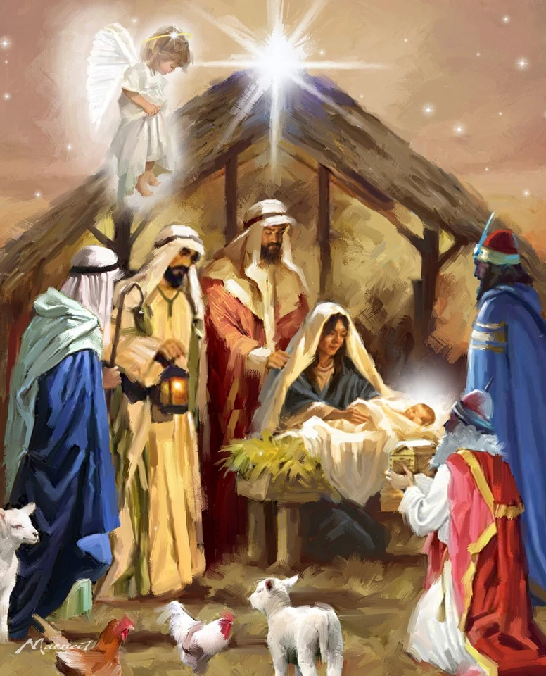Religious Collage Nativity Fabric Christmas Jesus Digital Cotton David 36" Panel - Image 1 of 1