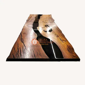 Black Epoxy Resin Dining Table Top Handmade Natural Acacia Wood Furniture Decors - Picture 1 of 9