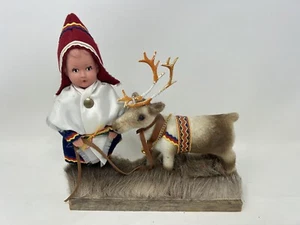 Vintage Souvenir Caribou Reindeer Herder Doll Child And Deer Real Reindeer Fur - Picture 1 of 16