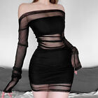 Womens Sexy See Through Sheer Mesh Off Shoulder Long Sleeves Party Bodycon Dress