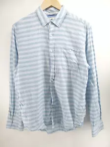 Linen Button Up Shirt Long Sleeve Blue Size M Striped Report Collection Resort - Picture 1 of 7