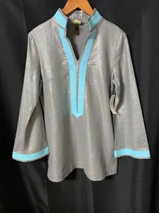 Boo Gemes Linen Metallic Aqua Trim Bell Sleeve Side Slit Tunic Coverup XS NWT - Picture 1 of 7
