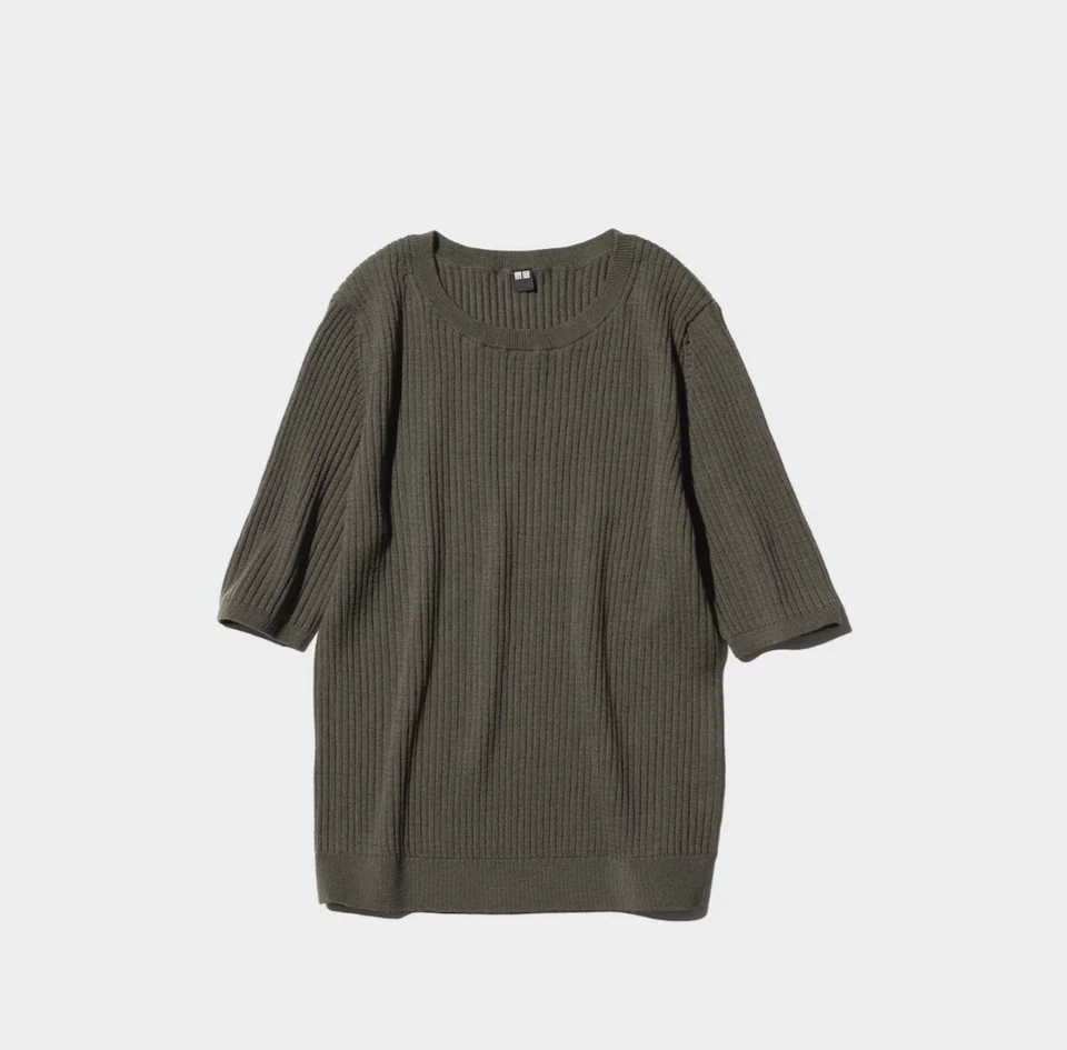 Новый Uniqlo женщин мериноса 100% шерсти ребристый свитер | половина рукав оливковый S - Изображение 1 из 1